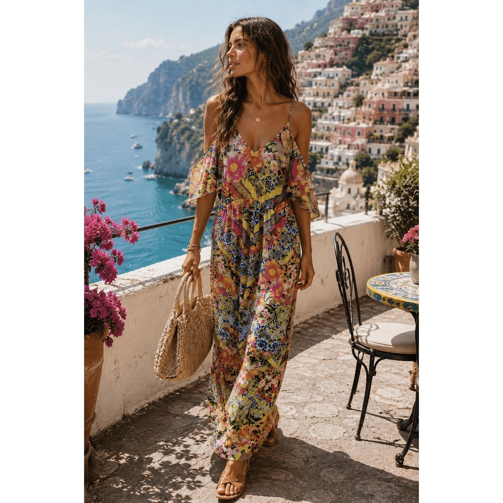 ASOS Cold Shoulder Sleeve Boho Lemons Summer Maxi Dress Coverup Size 2 Pink Blue